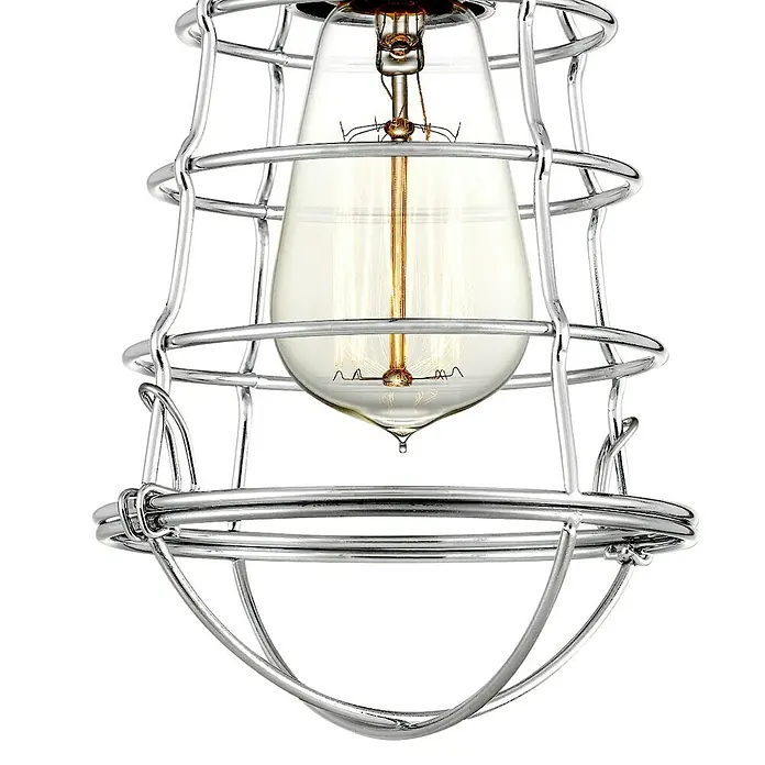 Elstead Deckenleuchte Mixon - 60 W, Ø x H: 14 x 27,1 cm, Chrom poliert, E27 - Nahaufnahme einer stilvollen Edison-Glühbirne, die von einem verchromten Drahtkäfig gehalten wird und ein industrielles Flair versprüht.
