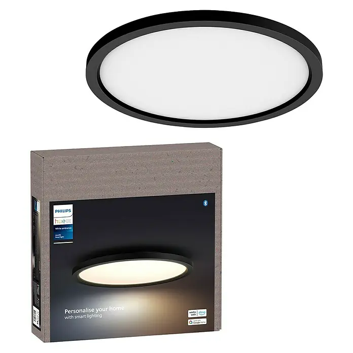 Philips Hue LED-Panel rund White Ambience Aurelle - 21 W, Ø x H: 39,5 x 4,7 cm, Schwarz, Warmweiß - Produktansicht des Philips Hue Aurelle Panel Light, einer intelligenten Deckenleuchte mit einstellbarer Farbtemperatur und einfacher Steuerung.