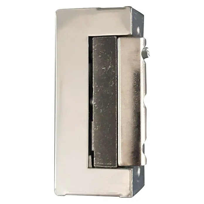 Elektrischer Türöffner - Passend für: Kunststoff-Haustüren, 9 V - 24 V - Nahaufnahme eines elektrischen Türöffners aus Metall mit silberner Oberfläche, der robust und langlebig ist.