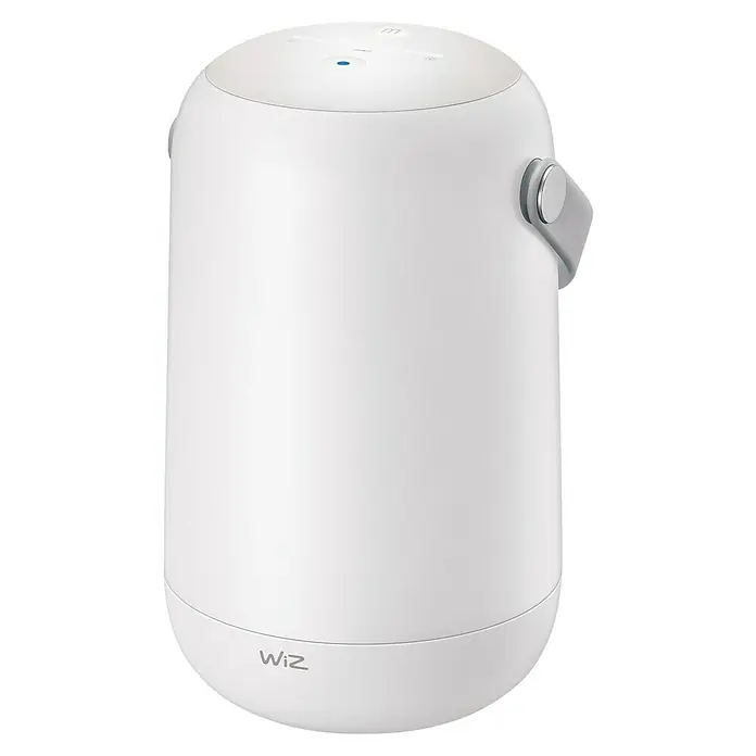 Philips Wiz LED-Tischleuchte Mobile - 14 W, L x B x H: 15 cm x 11,6 cm x 19,3 mm, Weiß, RGB - Nahaufnahme einer smarten tragbaren WiZ-Lampe in Weiß, die für stimmungsvolle Beleuchtung sorgt und sich leicht transportieren lässt.
