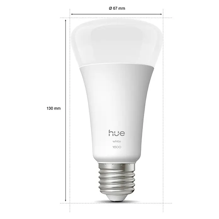 Philips Hue Smart-LED-Lampe White 1600 matter - E27, Dimmbar, Warmweiß, 1.600 lm, 13,5 W - Abbildung einer Philips Hue White 1600 Lumen Smart Glühbirne mit Maßangaben.