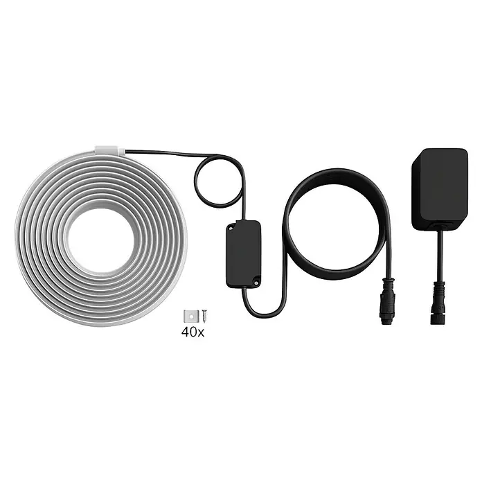 Philips Hue LED-Stripes Outdoor White and Colours Gradient Flux - Länge: 10 m, Lichtfarbe: RGBW, 3.000 lm, 30 W - Ein aufgerolltes, intelligentes LED-Streifen-Beleuchtungsset mit verschiedenen schwarzen elektronischen Geräten zur Steuerung und Stromversorgung.