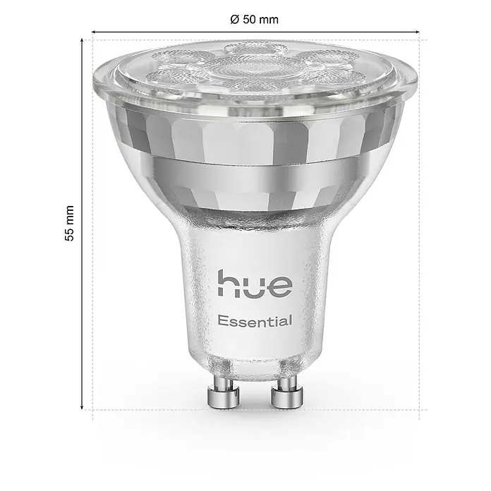 Philips Hue Smart-LED-Lampe Set Essential - GU10, Dimmbar, RGBW, 345 lm, 4,7 W, 1 Stk. - Abbildung einer Hue Essential LED-Lampe mit den Maßen 55 mm Höhe und 50 mm Durchmesser.