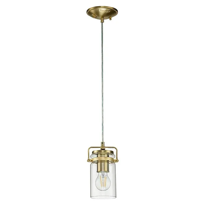Elstead Pendelleuchte Brinley - 60 W, L x B x H: 12 x 12 x 25,6 cm, Messing, E27 - Nahaufnahme einer Kichler-Hängeleuchte mit transparentem Glas und goldenen Akzenten, die ein warmes Ambiente erzeugt.