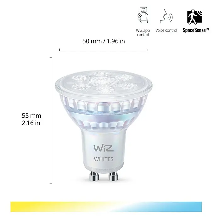 Philips Wiz Smart-LED-Lampe - GU10, Dimmbar, Mehrfarbig, 400 lm, 5 W, 1 Stk. - Produktbild einer WiZ LED-Lampe, die für ihre intelligente Steuerung und ihr angenehmes Weißlicht bekannt ist. Abmessungen sind auch dargestellt.