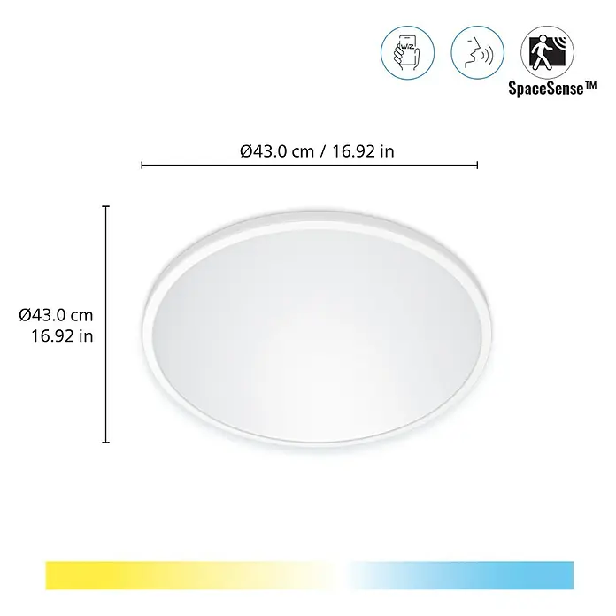 Philips Wiz LED-Panel rund SuperSlim - 22 W, Ø x H: 43 x 2,3 cm, Weiß, Kaltweiß - Produktbild einer runden Deckenleuchte mit den Maßen Ø43.0 cm / 16.92 in, mit Farbtemperaturbereich und Logos für SpaceSense und WiZ.