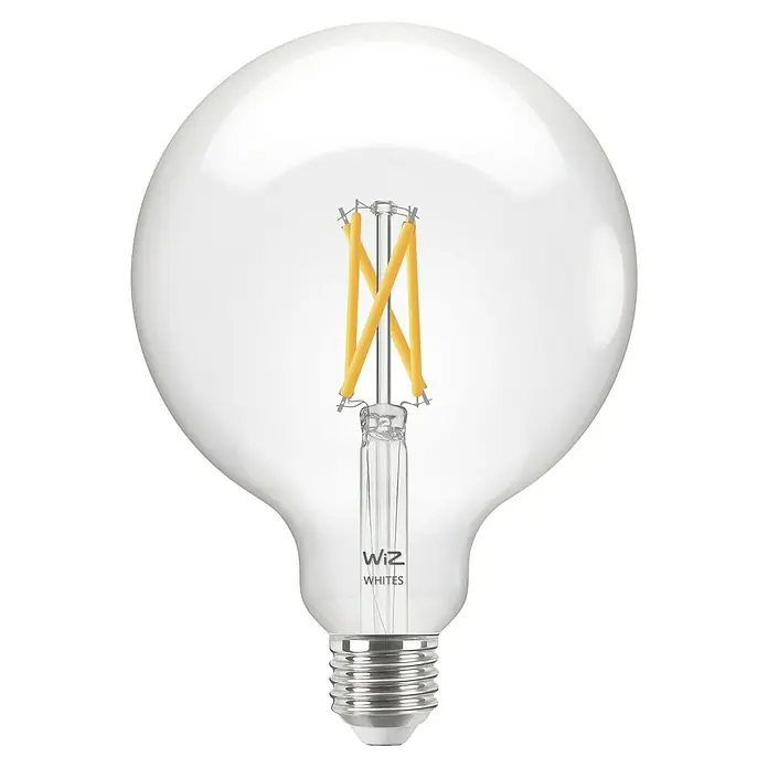 Philips Wiz Smart-LED-Lampe - E27, Dimmbar, Mehrfarbig, 806 lm, 6,7 W, G125 - Nahaufnahme einer WiZ Whites Glühbirne mit klarem Glaskolben, die ein warmes, einladendes Licht ausstrahlt.