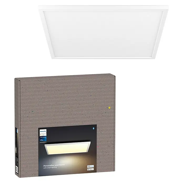 Philips Hue LED-Panel White Ambience Aurelle - 39 W, L x B x H: 60 x 60 x 4,6 cm, Weiß, Warmweiß - Das Bild zeigt eine Philips Hue LED-Deckenleuchte in Weiß, sowohl die Leuchte selbst als auch die Verpackung. Intelligente Beleuchtung für Ihr Zuhause.