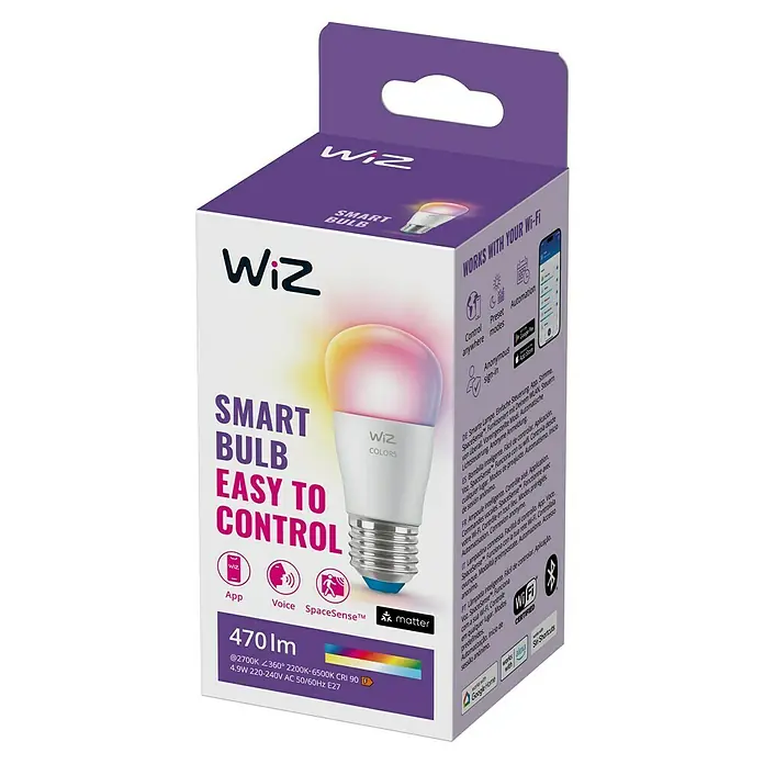 Philips Wiz Smart-LED-Lampe - E27, Dimmbar, RGBW, 470 lm, 4,9 W, 1 Stk. - Intelligente WiZ-Glühbirne in Farbdarstellung, die einfache Steuerung und Automatisierung bietet.