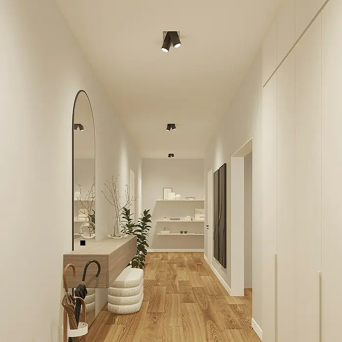 Philips Hue Smart-LED-Lampe Set Essential - GU10, Dimmbar, RGBW, 345 lm, 4,7 W, 1 Stk. - Flur mit minimalistischem Design, Beleuchtung mit modernen, schwarzen Strahlern an der Decke. Holzfußboden sorgt für Wärme.