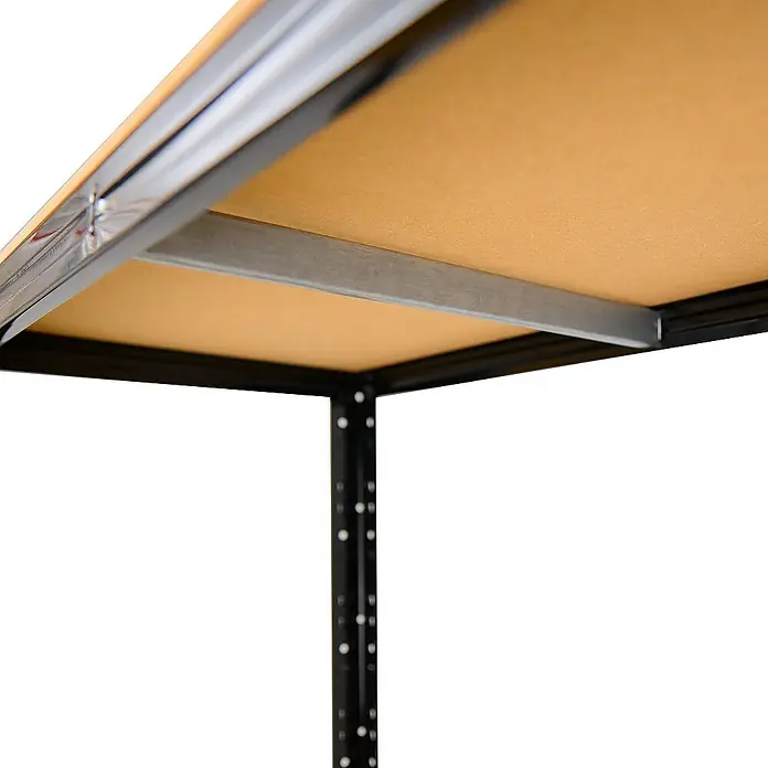 shelfplaza Schwerlastregal HOME - H x B x T: 230 x 100 x 30 cm, Traglast pro Boden: 175 kg, Stecken, anthrazit - Detailaufnahme eines Metallregals mit einer braunen Ablagefläche und einem stabilen, grauen Träger zur zusätzlichen Unterstützung.