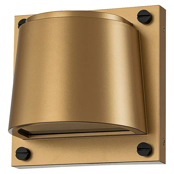 Elstead LED-Außenwandleuchte Scout - 7 W, 12 x 16,5 x 16,5 cm, Messing, IP44 - Nahaufnahme einer bronzefarbenen Wandleuchte mit quadratischer Grundplatte und zylindrischem Lampenschirm, befestigt mit vier Schrauben.