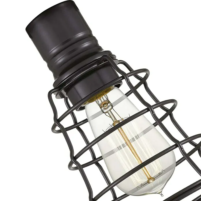 Elstead Deckenleuchte Mixon - 60 W, Ø x H: 14 x 27,1 cm, Nickel poliert, E27 - Nahaufnahme einer dekorativen Glühbirne mit einem schützenden Metallkäfig, die ein warmes, einladendes Licht ausstrahlt.