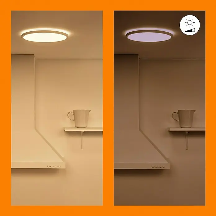 Philips Wiz LED-Deckenleuchte rund Tunable White SuperSlim - 14 W, Ø x H: 24,2 x 2,3 cm, Farbe Gehäuse: Weiß, Kaltweiß - Zwei Küchenansichten mit der gleichen Deckenleuchte, aber unterschiedlichen Helligkeitseinstellungen.