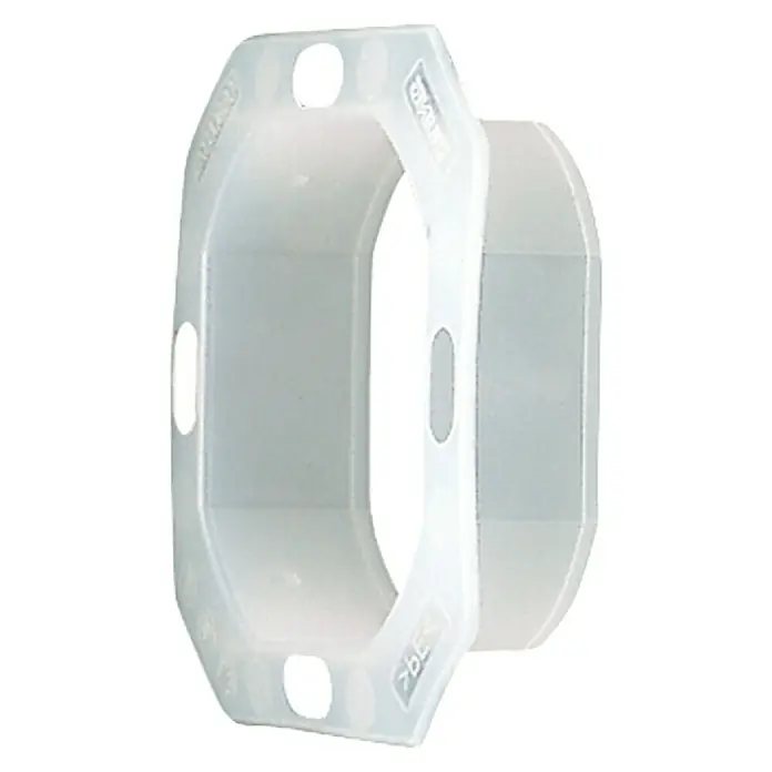 Jung Dichtungsflansch 551 WU - Silber, Kunststoff, IP44, Unterputzmontage - Ein transparenter Verbinder aus Kunststoff, ideal für Rohre oder Kabel, mit Löchern und Beschriftung.