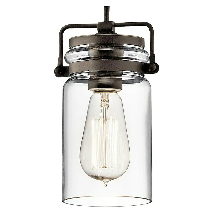 Elstead Pendelleuchte Brinley - 60 W, L x B x H: 12 x 12 x 25,6 cm, Bronze, E27 - Nahaufnahme einer Pendelleuchte im Einmachglas-Design mit einer Edison-Glühbirne, die ein warmes Licht ausstrahlt.