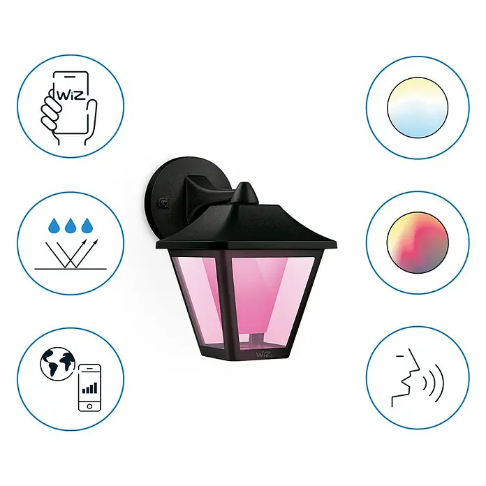 WiZ LED-Außenleuchte Classic - 9,5 W, 22,7 x 17 x 22,8 cm, Schwarz, IP44 - Schwarze WiZ Außenwandleuchte mit farbigem Licht und Symbolen für Funktionen wie App-Steuerung und Wasserdichtigkeit.