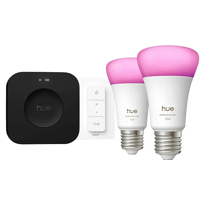 Philips Hue Smart-LED-Lampe Set mit Dimmcontroller, Steuerzentrale - E27, Dimmbar, RGBW, 2 Stk. - Philips Hue White & Color Ambiance Starter Set mit zwei smarten Lampen, Dimmschalter und Bridge für intelligentes Licht zuhause.