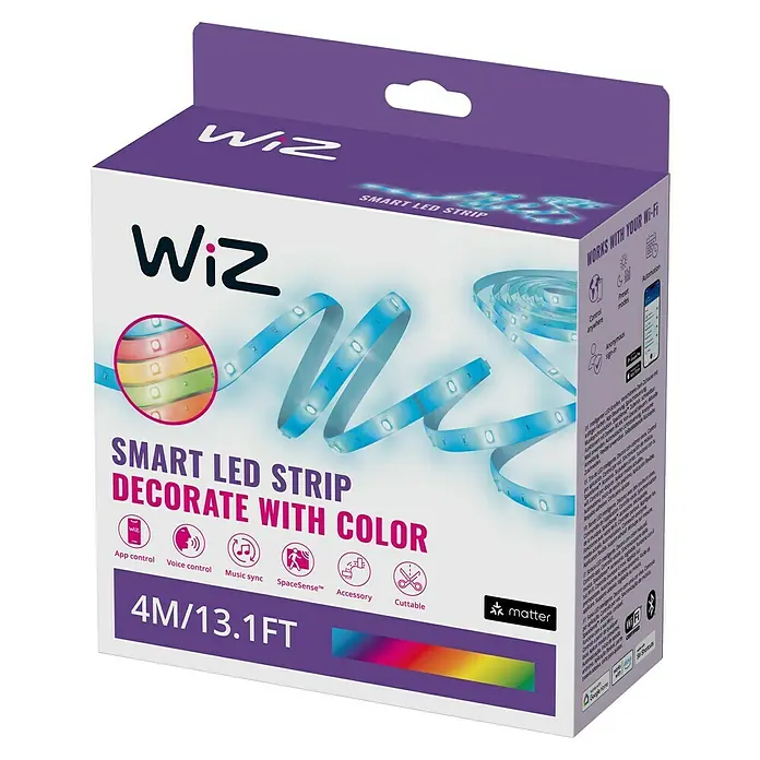 Philips Wiz Smart-LED-Band - Länge: 4 m, RGBW, 6,5 W, 630 lm - Das Bild zeigt die Verpackung eines "WiZ" Smart LED Strips, der farbige Dekoration mit Wi-Fi-Konnektivität ermöglicht und 4M/13.1FT lang ist.
