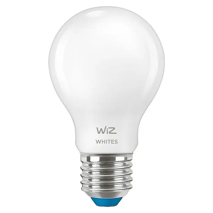 Philips Wiz Smart-LED-Lampe - E27, Dimmbar, Mehrfarbig, 806 lm, 7 W, 1 Stk. - Nahaufnahme einer smarten WiZ Whites Glühbirne mit E27 Fassung, die für warmweißes bis kaltweißes Licht sorgt.