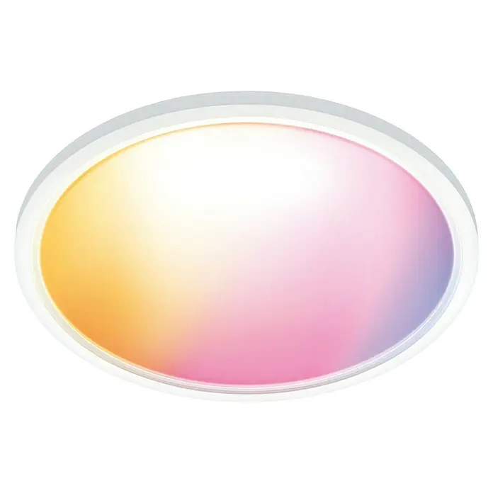 Philips Wiz Smart-LED-Deckenleuchte rund Tunable White & Color SuperSlim - 32 W, Ø x H: 55 x 4,8 cm, Weiß, RGBW - Kreisförmige Deckenleuchte mit Farbverlauf von Gelb zu Rosa und Violett, umgeben von einem weißen Rahmen für moderne Beleuchtung.
