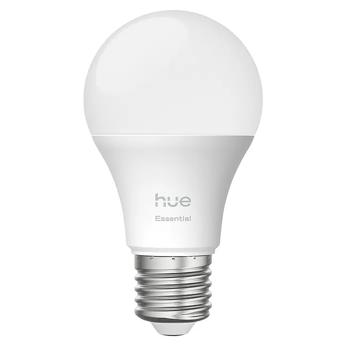 Philips Hue Smart-LED-Lampe Set Essential mit Dimmcontroller, Steuerzentrale - 8 W, RGBW, 806 lm, 1 Stk. - Nahaufnahme einer Philips Hue Essential LED-Lampe mit dem Logo und der Aufschrift "Essential" auf dem Lampenkörper.