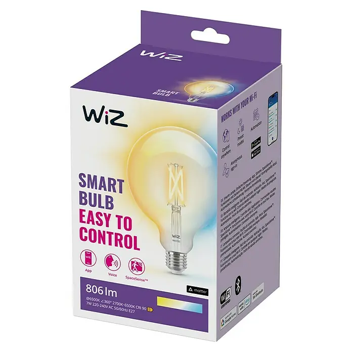 Philips Wiz Smart-LED-Lampe - E27, Dimmbar, Mehrfarbig, 806 lm, 6,7 W, G125 - Das Bild zeigt die Verpackung einer intelligenten WiZ-Glühbirne, die einfach zu steuern ist und verschiedene Funktionen bietet.