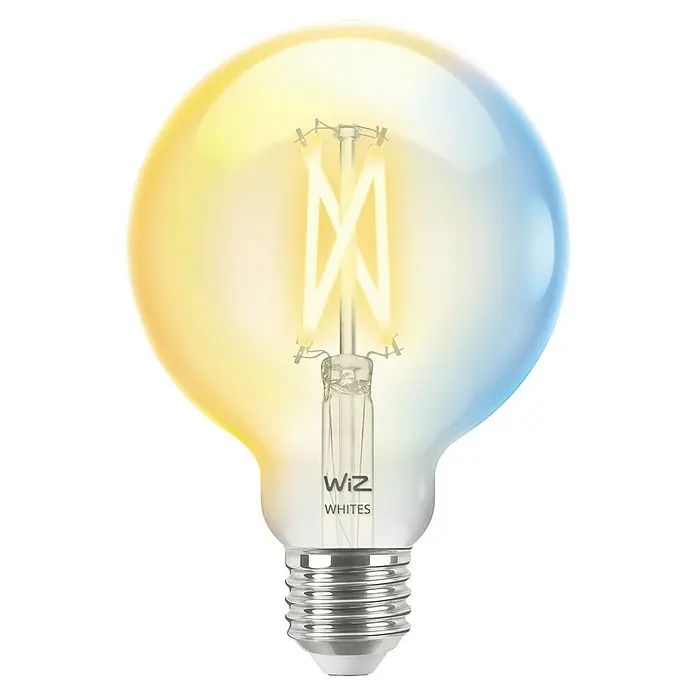 Philips Wiz Smart-LED-Lampe - E27, Dimmbar, Mehrfarbig, 806 lm, 6,7 W, G95 - Abbildung einer WiZ Whites-Glühbirne, die mit einer gelben und blauen Lichtatmosphäre ein warmes und einladendes Licht erzeugt.