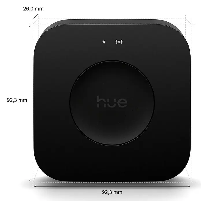 Philips Hue Steuerzentrale Bridge Pro - Schwarz, L x B x H: 9,2 x 9,2 x 2,6 cm - Nahaufnahme des schwarzen Philips Hue Dimmschalters mit seinen Abmessungen.