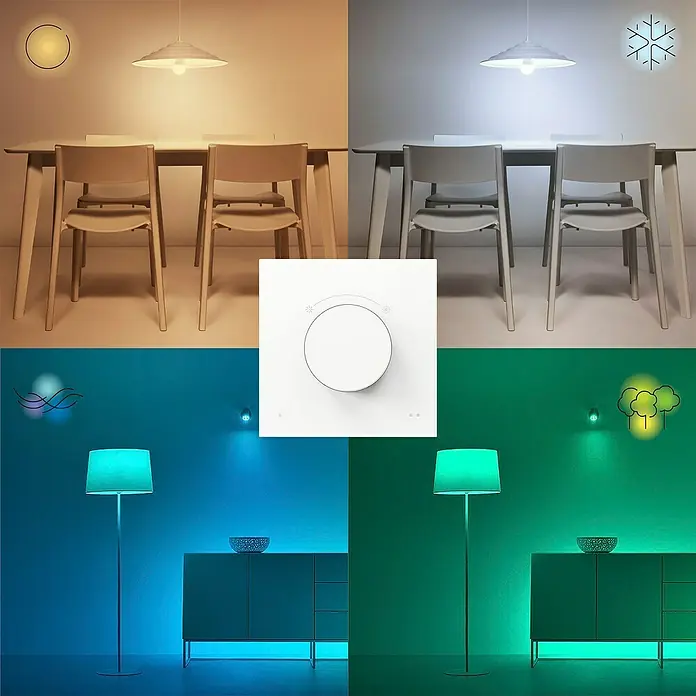 Philips Wiz Fernbedienung smarter Dial Schalter - Weiß - Bild eines Schalters zur Steuerung der Farbtemperatur von Lampen, der verschiedene Beleuchtungseinstellungen in einem Raum zeigt.