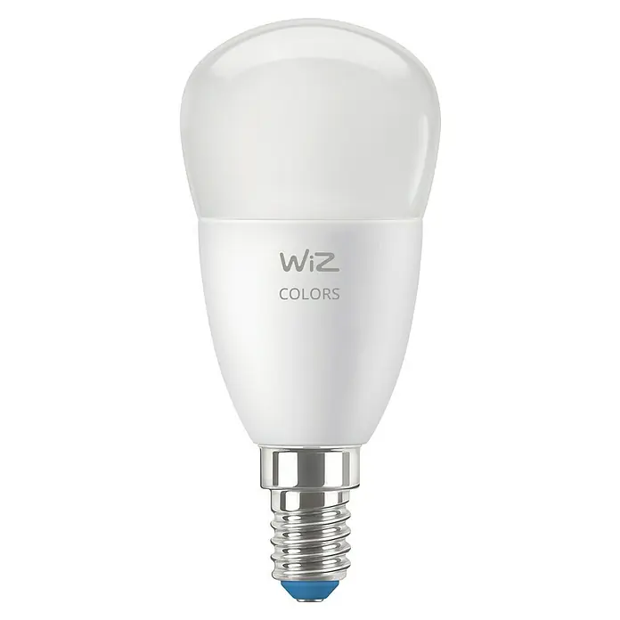 Philips Wiz Smart-LED-Lampe - E14, Dimmbar, RGBW, 470 lm, 4,9 W, 1 Stk. - Nahaufnahme einer WiZ-Glühbirne, die intelligente Beleuchtung mit Farbwechselfunktionen für Ihr Zuhause bietet und ein personalisiertes Ambiente schafft.