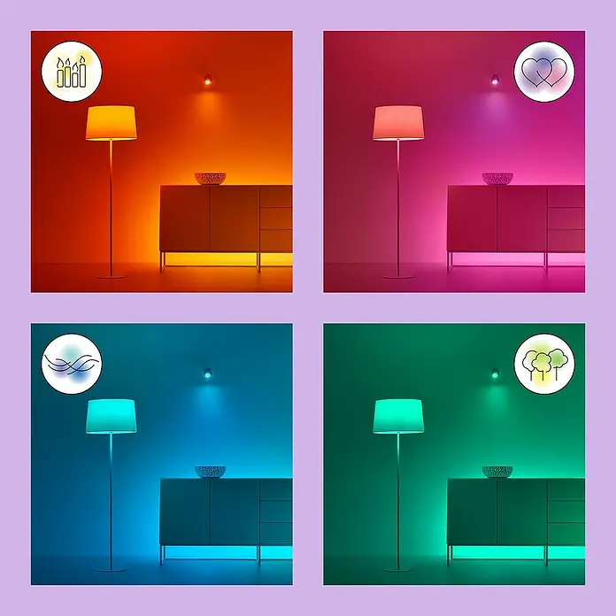 Philips Wiz Smart-LED-Lampe matter - E27, Dimmbar, RGBW, 806 lm, 8,5 W, 2 Stk. - Das Bild zeigt eine Stehlampe, die in vier verschiedenen Farben leuchtet: orange, pink, blau und grün. Sie beleuchtet ein modernes Wohnzimmer.