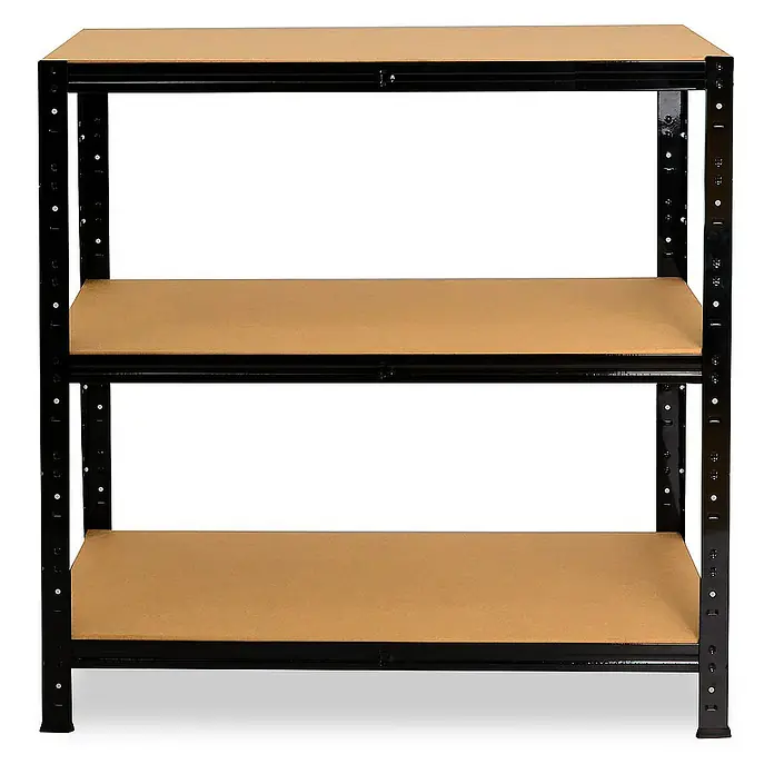 shelfplaza Schwerlastregal BLACK - H x B x T: 115 x 120 x 40 cm, Traglast pro Boden: 175 kg, Stecken, schwarz - Ein dreistufiges, schwarzes Metallregal mit hellbraunen Regalböden. Robust und ideal für Lagerung.