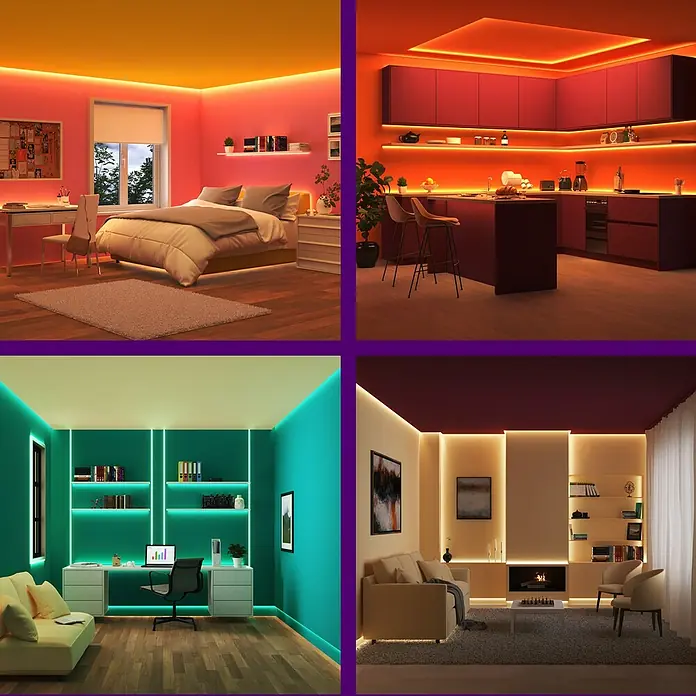 Philips Wiz Smart-LED-Band - Länge: 30 m, RGBW, 22 W, 630 lm - Vier Innenräume mit LED-Akzentbeleuchtung: Schlafzimmer, Küche, Arbeitszimmer und Wohnzimmer, die modernes Ambiente ausstrahlen.