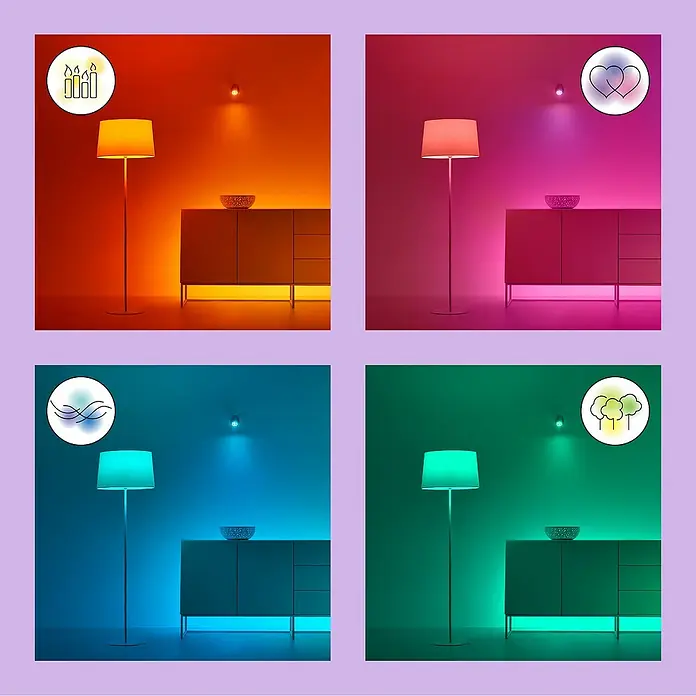 Philips Wiz Smart-LED-Lampe - E14, Dimmbar, RGBW, 470 lm, 4,9 W, 1 Stk. - Diese Aufnahme zeigt eine Stehlampe, die in verschiedenen Farben leuchtet und ein gemütliches Ambiente schafft.