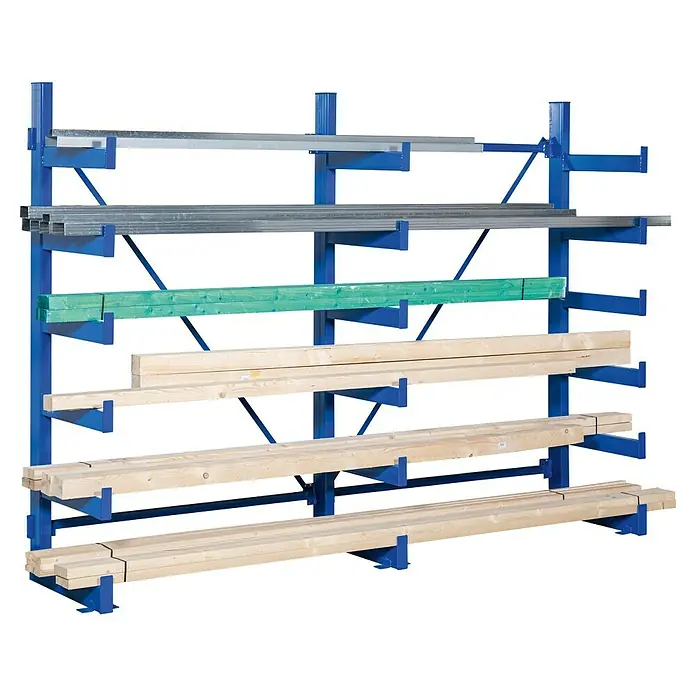 Regalux Kragarmregal - H x B x T: 200 x 270 x 63 cm, Traglast pro Träger: 200 kg, Anzahl Träger: 6 Stk., Stecken, Blau - Ein blaues Kragarmregal, beladen mit Holz und Metallprofilen, bietet eine robuste Lösung zur Lagerung von Baumaterialien.