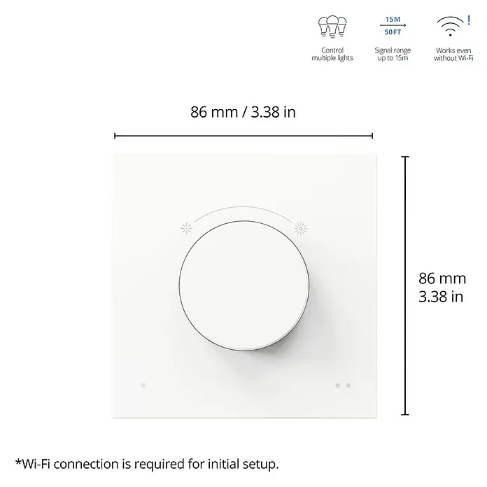 Philips Wiz Fernbedienung smarter Dial Schalter - Weiß - Bild eines Smart Home Dimmers mit den Maßen 86 mm x 86 mm, der mehrere Lichter steuern kann.