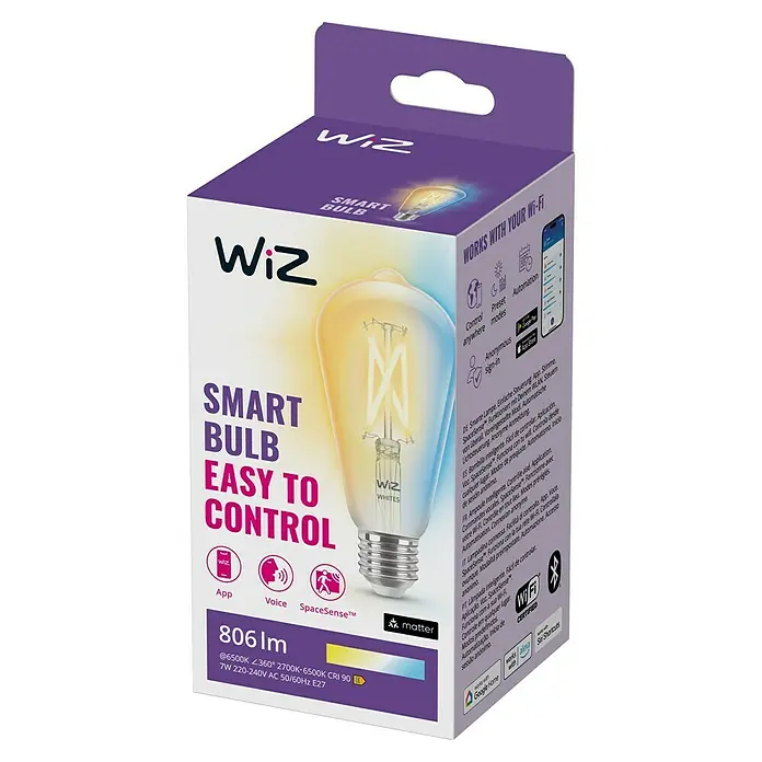 Philips Wiz Smart-LED-Lampe - E27, Dimmbar, Mehrfarbig, 806 lm, 6,7 W, ST64 - Verpackung einer intelligenten WiZ Glühbirne, die eine einfache Steuerung und Automatisierung mit Ihrem Wi-Fi ermöglicht.