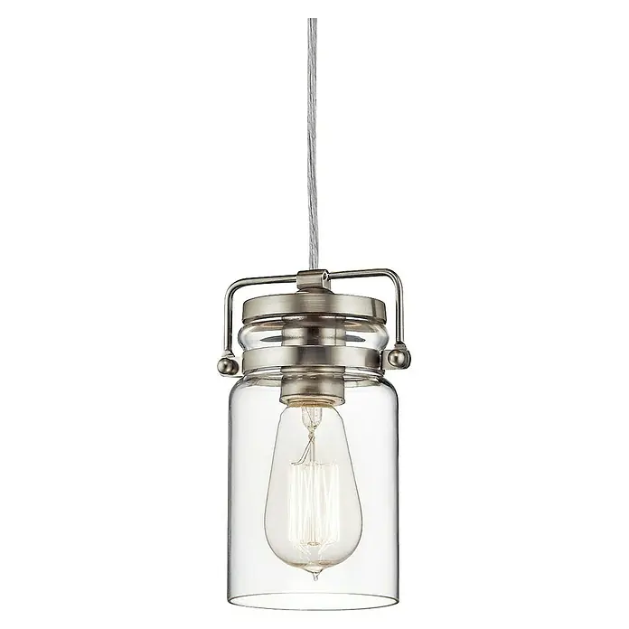 Elstead Pendelleuchte Brinley - 60 W, L x B x H: 12 x 12 x 25,6 cm, Nickel, E27 - Nahaufnahme einer einzelnen Mason Jar Hängeleuchte mit einer klaren Glasurfassung und einem Aufhängekabel.