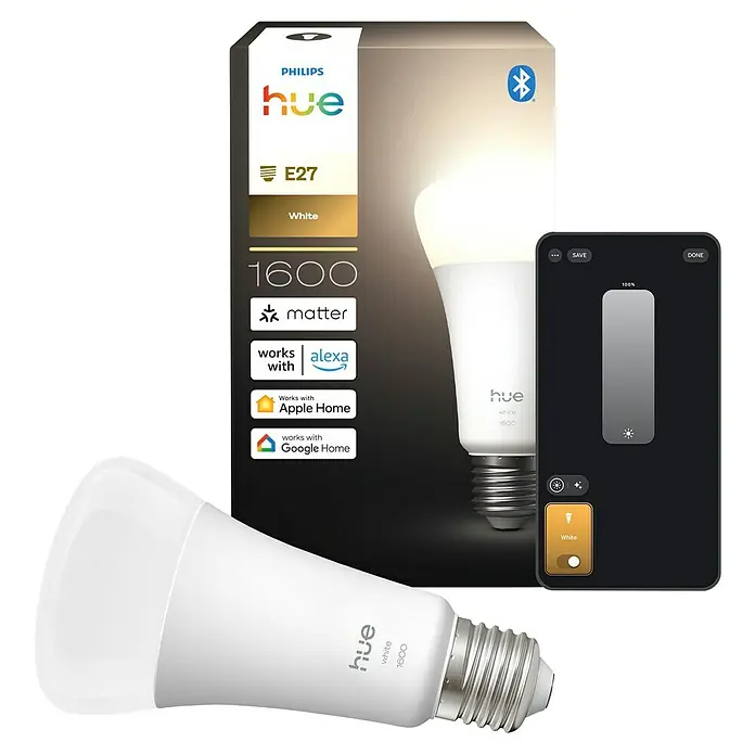 Philips Hue Smart-LED-Lampe White 1600 matter - E27, Dimmbar, Warmweiß, 1.600 lm, 13,5 W - Intelligente Philips Hue White E27 LED-Lampe mit 1600 Lumen, steuerbar per App und Sprachassistenten, für ein intelligentes Zuhause.