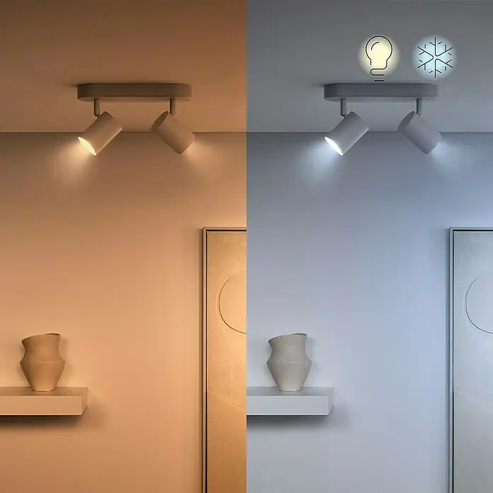Philips Wiz Smart-LED-Lampe - GU10, Dimmbar, RGBW, 400 lm, 5 W, 1 Stk. - Modern gestaltete Deckenleuchte mit zwei Strahlern, die warmes und kühles Licht spenden. Ideal für die individuelle Beleuchtung von Wohnräumen.