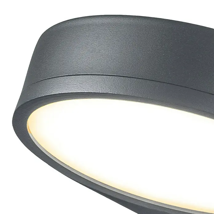 Elstead LED-Außenwandleuchte Zola - 16,5 W, 23,2 x 8,1 x 8,1 cm, Grau, IP44 - Nahaufnahme einer modernen LED-Deckenleuchte in Grau, die ein warmes, einladendes Licht ausstrahlt.\n