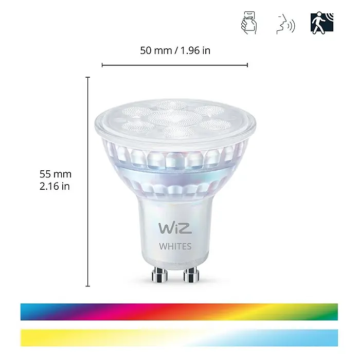 Philips Wiz Smart-LED-Lampe - GU10, Dimmbar, RGBW, 400 lm, 5 W, 2 Stk. - Abbildung einer WiZ GU10 LED Lampe, die für ihre smarte Steuerung und Weißtöne bekannt ist. Die Lampe hat eine Größe von 50 x 55mm.
