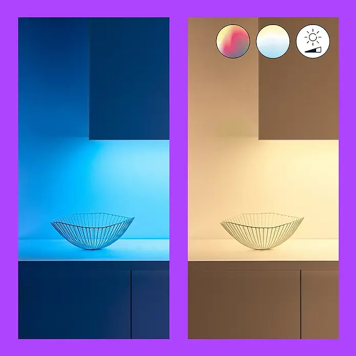 Philips Wiz Smart-LED-Band - Länge: 2 m, RGBW, 20 W, 1.600 lm - LED-Leuchte über einer Metallschale, die verschiedene Farbmodi zeigt. Stimmungsvolle Küchenbeleuchtung mit Farbwechseloptionen für jeden Bedarf.