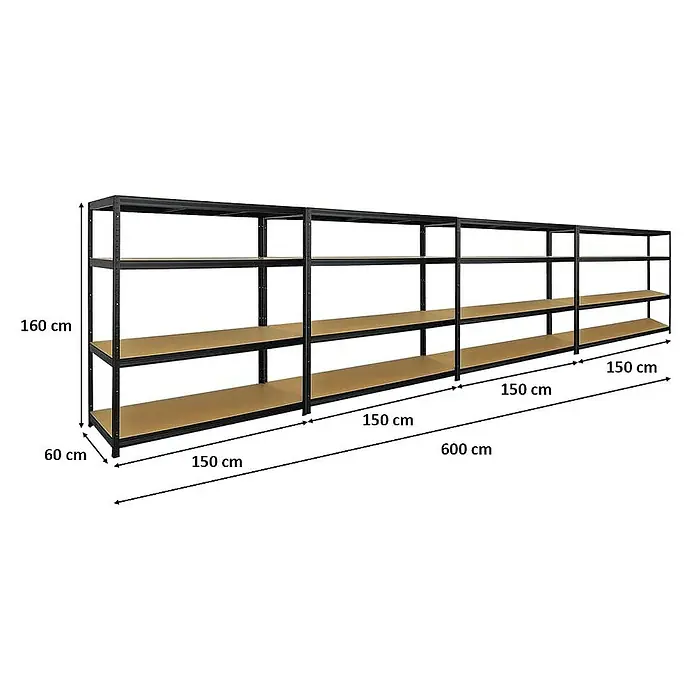 Proregal Schwerlastregal Mega Deal Giant Elephant - Traglast pro Boden: 200 kg, Anzahl Böden: 4 Stk., Stecken, Schwarz - Abbildung eines schwarzen Metallregals mit Holzplatten und den Maßen 600 cm Länge, 160 cm Höhe und 60 cm Tiefe.