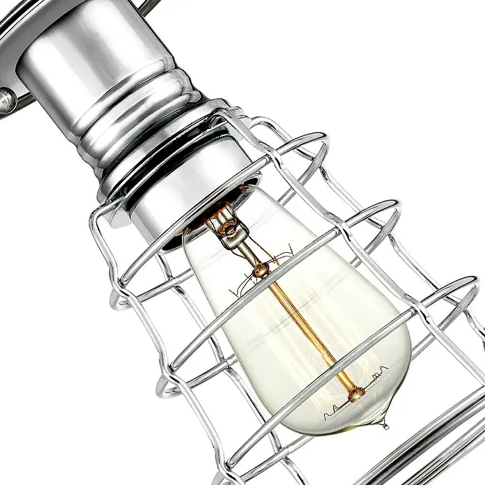 Elstead Deckenleuchte Mixon - 60 W, Ø x H: 14 x 27,1 cm, Chrom poliert, E27 - Nahaufnahme einer dekorativen Glühbirne mit Käfigschirm, die ein warmes Licht ausstrahlt. Ideal für Vintage- und Industrie-Design.