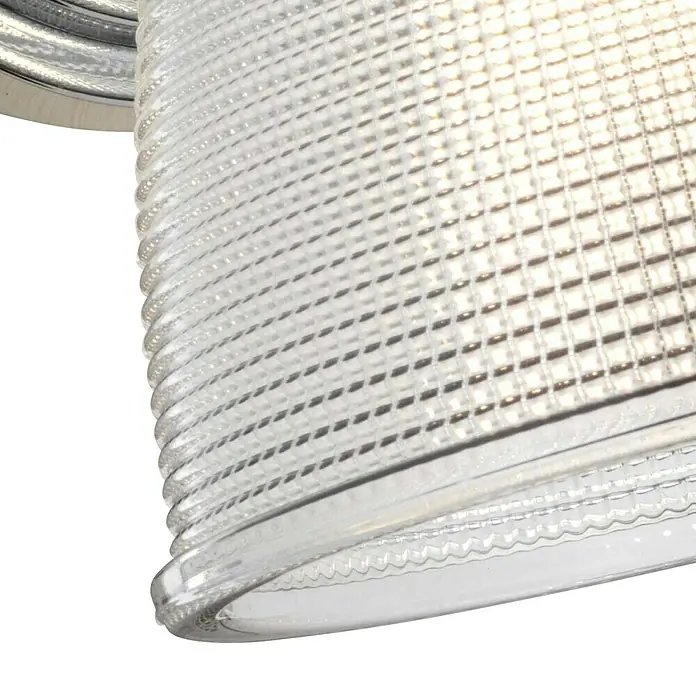 Elstead LED-Wandleuchte Dublin - 3 W, L x B x H: 20 x 16,5 x 24,6 cm, Chrom - Nahaufnahme einer transparenten Lampenabdeckung mit einem Gittermuster, das für ein diffuses Licht sorgt.