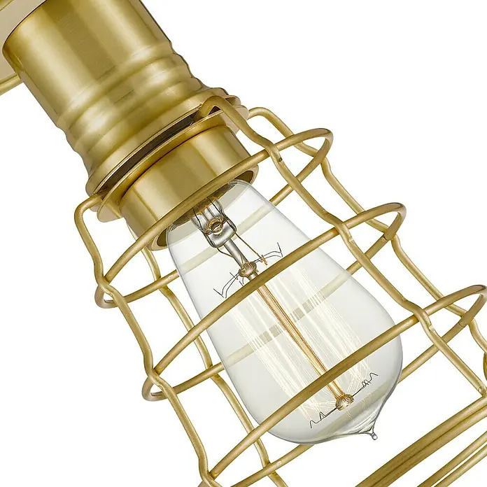 Elstead Deckenleuchte Mixon - 60 W, Ø x H: 14 x 27,1 cm, Messing gebürstet, E27 - Detailaufnahme einer goldenen Käfiglampe mit einer dekorativen Glühbirne, die ein warmes Licht ausstrahlt und Vintage-Charme versprüht.
