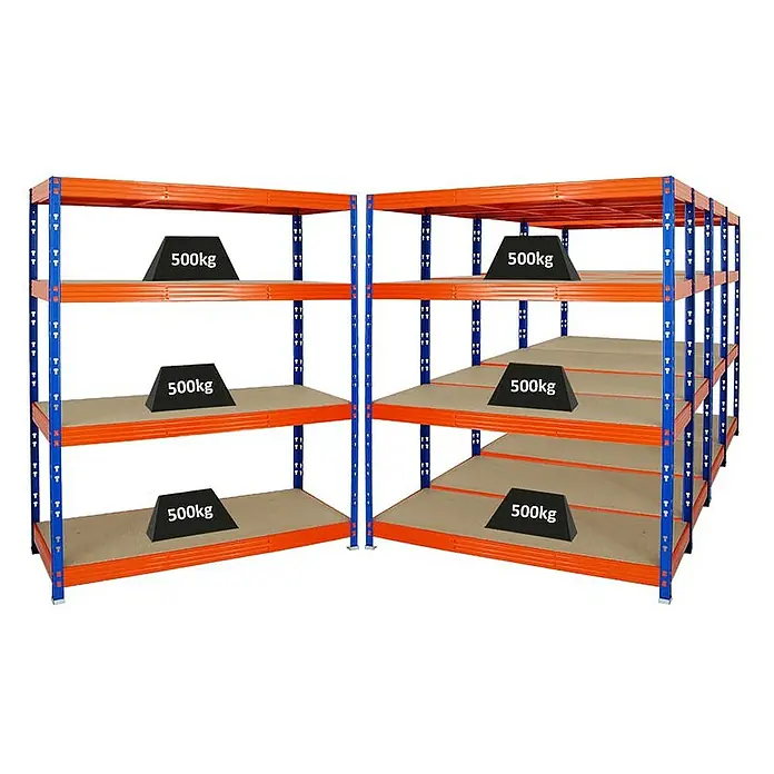 Proregal Schwerlastregal Mega Deal Profi RHINO - Traglast pro Boden: 500 kg, Anzahl Böden: 4 Stk., Stecken, Blau-Orange - Schwerlastregal mit mehreren Ebenen, belastet mit je 500kg. Das Regal ist in den Farben Orange und Blau gehalten.