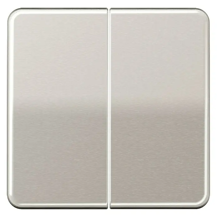 Jung CD 500 Serienschalterwippe CD595PT - Platin, Aluminium, IP20 - Nahaufnahme eines Doppel-Lichtschalters aus gebürstetem Edelstahl mit abgerundeten Kanten für moderne Innenräume.